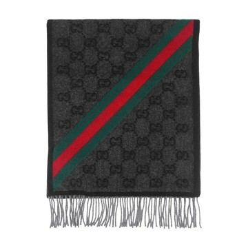 Gucci GG Logo 綠紅斜條紋羊毛圍巾(黑色)