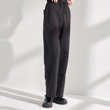 下擺抽鬚休閒運動抽繩寬褲(黑色)-女