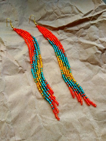 紅色金色綠色超長串珠耳環  超長耳環  流蘇吊墜耳環送給她的禮物