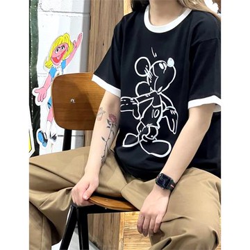 買夢想的奶奶米奇big黑色白色邊邊230克撞色短袖可愛美式趣味情侶