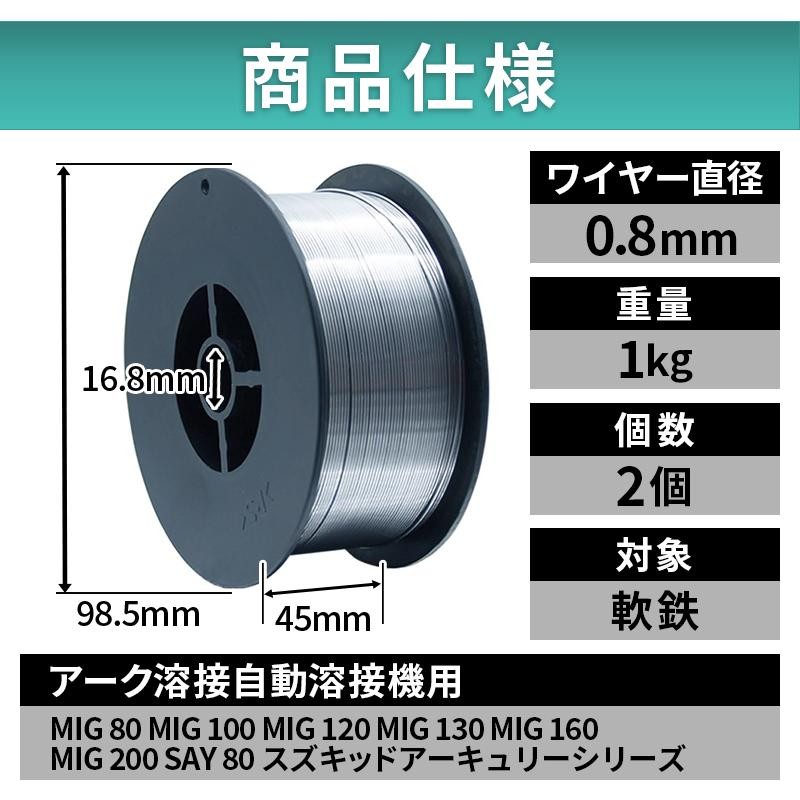 半自動溶接機 溶接 ワイヤー ノンガス フラックス 0.8mm 1kg 2個 MIG 