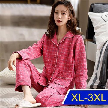 【韓國K.W.】深粉格加厚鋪棉保暖居家睡衣套裝(保暖/休閒/睡衣)