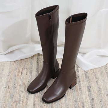 履約長靴女秋冬單靴2025年新款韓版方頭粗跟中跟真皮彈力靴高筒靴