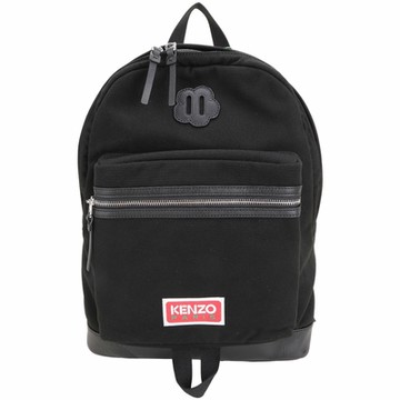 KENZO Explore 海棠花輪廓皮革字母刺繡帆布後背包(黑色)