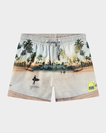 Boy's Niko Surf-Print Swim Shorts, Size 7-12