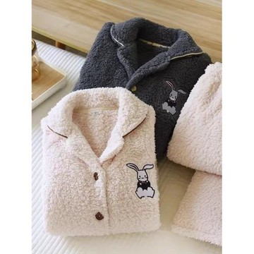 冬加厚珊瑚絨泰迪絨法蘭絨大碼簡約刺繡兔情侶家居服睡衣套裝男女