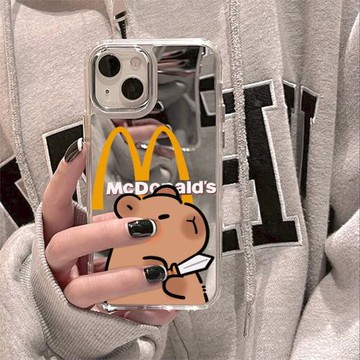 ins風趣味可愛卡通16卡皮巴拉小水豚15適用蘋果14Promax手機殼12鏡面iPhone13補妝鏡11超萌xr少女xs閨蜜8plus