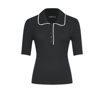Polo領坑條短袖針織上衣/黑色 | 5627608199