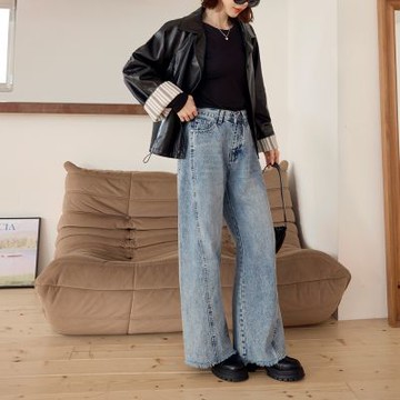 OB嚴選-純棉水洗車線後鬆緊顯瘦牛仔寬褲《BA7926-》