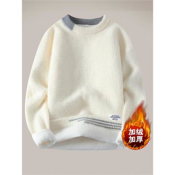 男士水貂絨毛衣秋冬季青少年學生針織打底衫加絨加厚款潮流上衣