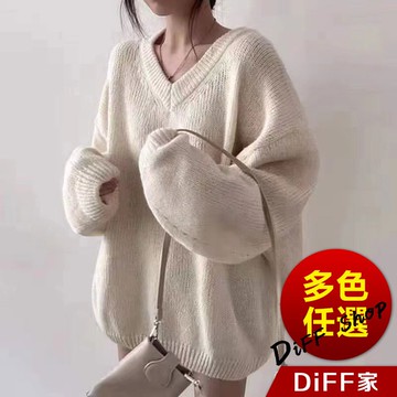 【DIFF】韓版溫柔寬鬆V領慵懶風長版毛衣 針織上衣 長袖上衣 女裝 衣服 長袖t恤 發熱衣 保暖上衣 冬裝【W514】