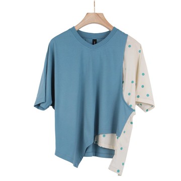 藍 - V領左袖綠點拼接不規則上衣 #U1184