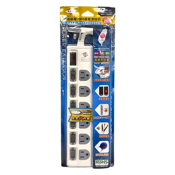 WeiTien 威電 過載7開6座電源線組 125VAC 15A 最大1650W 輕鬆拔薄型插頭 防雷擊突波吸收  1.2m  白色  1個