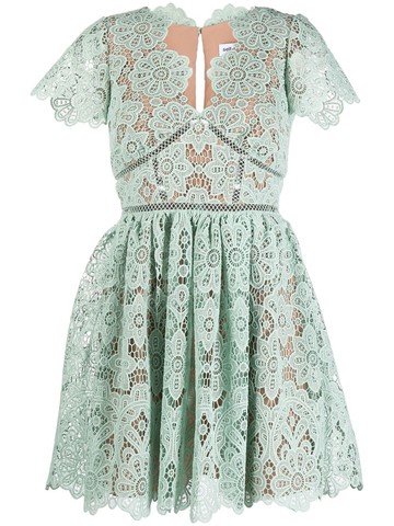 Self-Portrait - lace-panel short-sleeve dress - women - Polyester/Polyester - 12 - Green