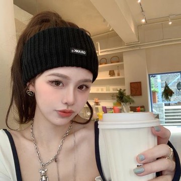 2025女款秋冬季針織發帶女頭巾毛線帽子月子產后頭套運動黑色冷帽