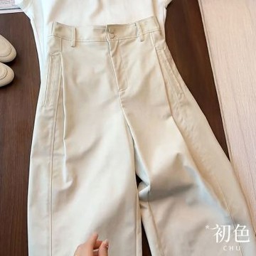 初色 簡約休閒高腰拉鍊扣口袋九分褲直筒寬褲長褲-米色-19722(M-XL可選)