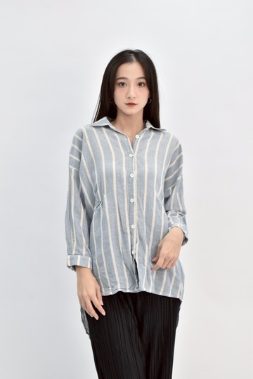 (F) moss club棉質純棉條紋長袖藍色襯衫上衣