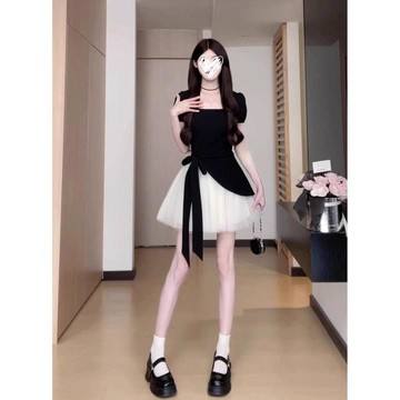 韓星同款💖 法式連衣裙 顯瘦高腰 不規則網紗 拼接設計感 洋裝 女裝 夏季