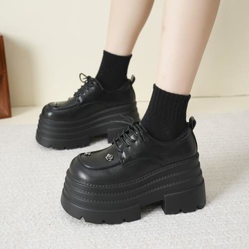 歐洲站學院風厚底真皮樂福鞋女2024秋季新款山茶花粗跟增高小皮鞋