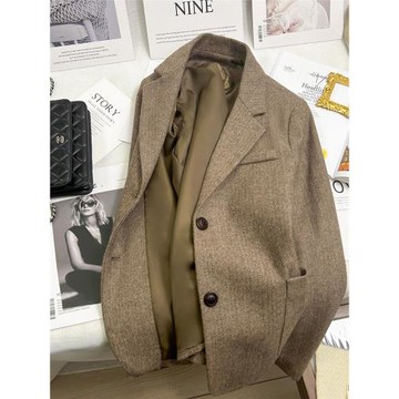咖色美拉德西裝外套女2025秋冬季新品人字紋百搭絨毛呢子西服上衣