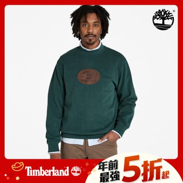 (領券再折)Timberland官方旗艦 男款綠色皮革徽章圓領長袖上衣|A6NCQ317