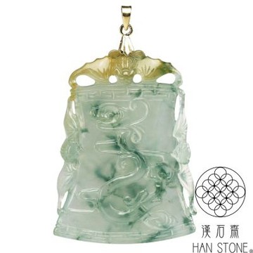 【漢石齋】天然翡翠A貨 招福螭龍牌K金墜頭玉佩吊墜 冰種飄花帶黃翡(35*48*6mm)