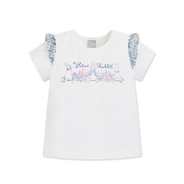 花漾比得碎花拼接荷葉邊短袖上衣