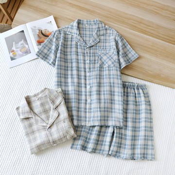 100%純棉夏季男睡衣短袖短褲家居服純棉雙層紗布薄款短袖男生睡衣居家服 短袖五分褲套裝縐紗布