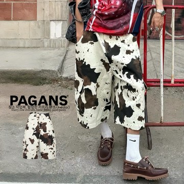 【PAGANS STORE】美式 復古 奶牛紋 迷彩 乳牛 工裝 牛仔 七分褲 休閒 寬管 七分 牛仔褲 短褲