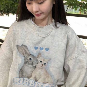 D40 CU🇰🇷現貨秒出🔥可選加絨🐰集可愛於一身～兔子與貓咪寬鬆長袖T恤上衣/長袖衛衣/大學T