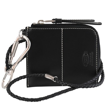 TODS 烙印LOGO金屬扣環編織頸掛繩拉鍊零錢包.黑