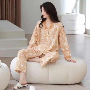 【藍尼居家】★蕾絲領開襟家居睡衣(女睡衣/家居服/舒適/兩件式)