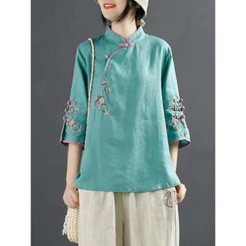 中國風短袖棉麻襯衫中式立領盤扣上衣斜襟繡花茶服夏大碼亞麻女裝