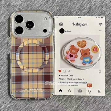 黃棕格紋餅乾小熊磁吸支架12蘋果17手機殼15pro/13iPhone16爆款14