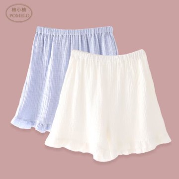 ins夏薄款純棉紗布白色藍色純色簡約高腰花邊全棉睡褲家居短褲女
