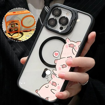 比心粉色小豬磁吸防摔殼 金屬鏡頭支架 磁吸手機殼 iPhone 17 16 15 14 13 12 11 Max 防摔殼