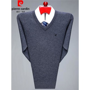 皮爾卡丹羊絨衫加厚V領毛衣男士中年商務純色雞心領針織羊毛衫男