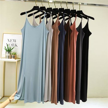 性感V領吊帶裙女夏薄內搭莫代爾開叉長裙休閑顯瘦大碼無袖連衣裙