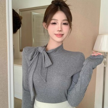灰色半高領綁帶修身T恤打底衫女春秋冬季新款設計感內搭長袖上衣 長袖上衣 顯瘦上衣 女生t恤 打底衫可外穿 內搭上衣