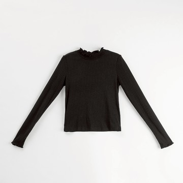 QUEENSHOP_F 女裝 微透膚條紋木耳邊高領長袖上衣-黑 S/M/L 現+預 【01099273】