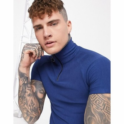 エイソス Asos Design メンズ Tシャツ タートルネック トップス Muscle Fit Rib T Shirt With Zip Turtle Neck In Navy ブルー 通販 Lineポイント最大get Lineショッピング