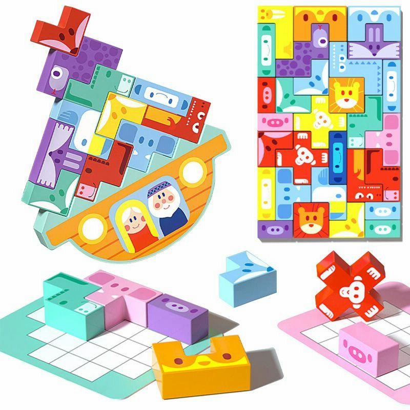 OTONOPI 木製テトリスバランスゲーム 積み木立体パズル 形合わせ