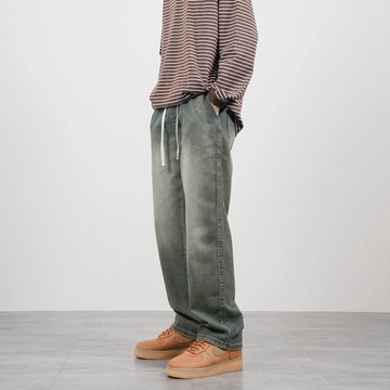 【AMERO】男女款 水洗素面牛仔褲 鬆緊褲頭 情侶裝