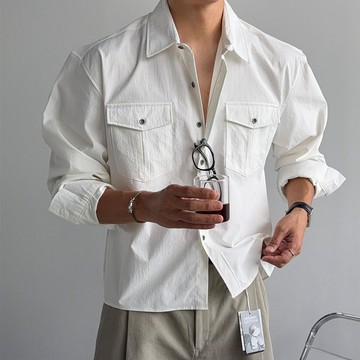 正韓堅挺工裝雙口袋短版剪裁長袖襯衫 3色 YUPPIE 預購商品 0824