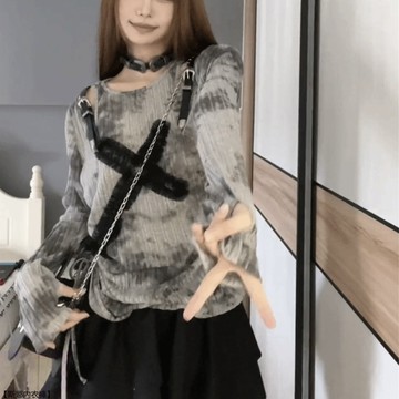外貿辣妹扎染抽繩長袖T恤女裝春秋季打底衫寬鬆小衆抖音