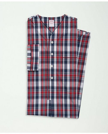 Brooks Brothers Men's Cotton Poplin Madras Pattern Nightshirt | Red/Navy | Size Large