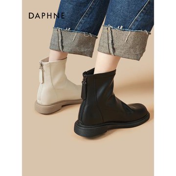 達芙妮粗跟短靴女秋季法式裸靴馬丁靴彈力瘦瘦靴厚底切爾西靴子女