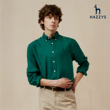 【HAZZYS】男款綠色高品質亞麻材質舒適透氣優雅休閒商務長袖亞麻襯衫 YZVKB301