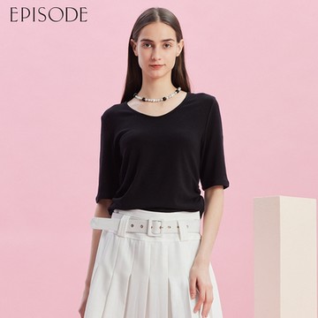 EPISODE - 舒適彈力棉圓領五分袖T恤E43605（黑）
