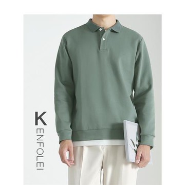 高端春季長袖T恤 簡約翻領商務休閑日系復古POLO衫輕奢衛衣男純色